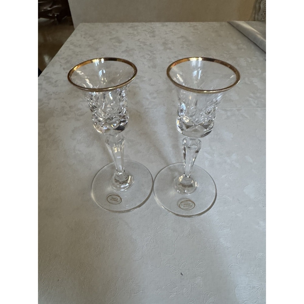 Vintage Rogaska Gallia Crystal Cordial Glasses 2 Gold Rim Slovenia Diamond Cut